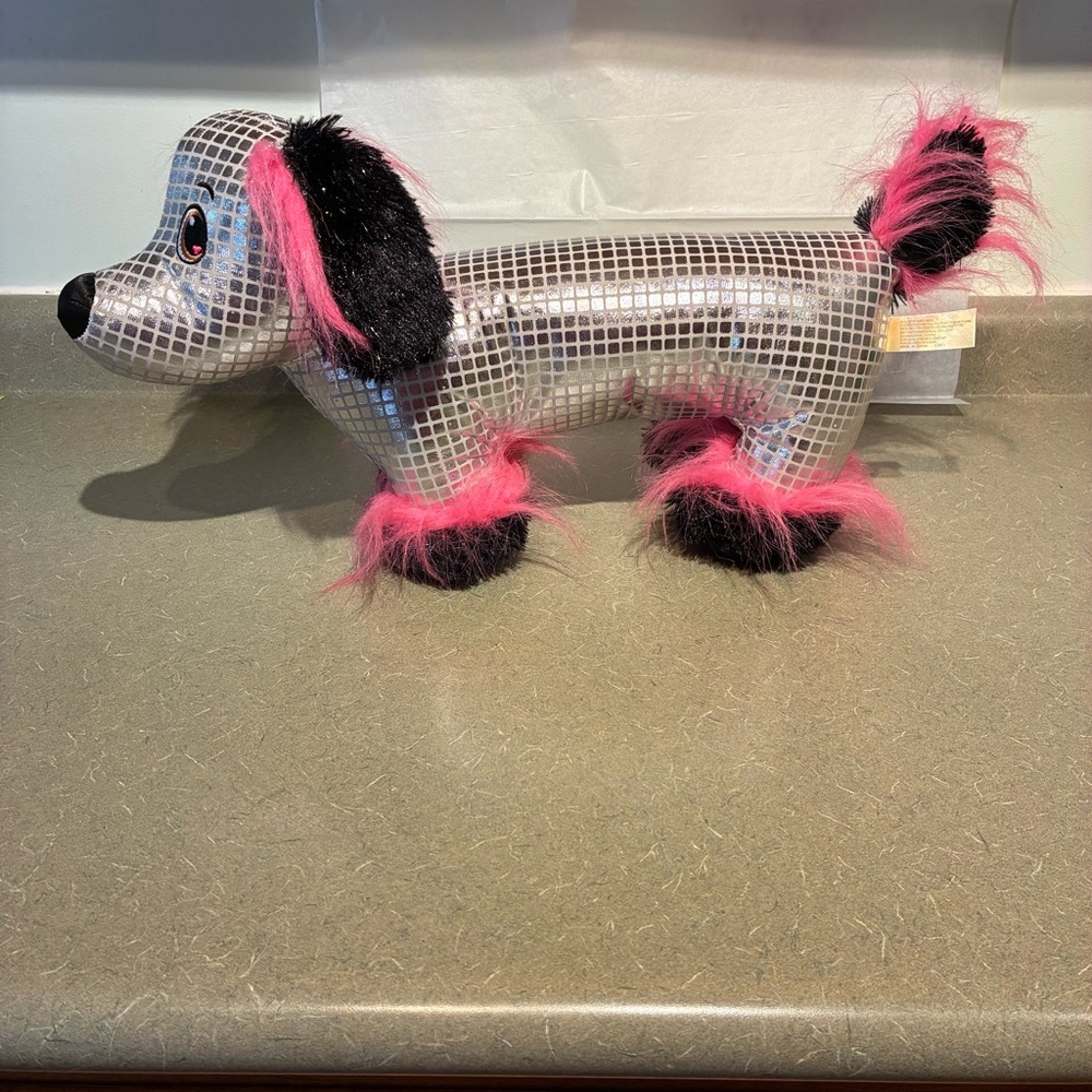Disco Dachshund Shimmery Silver Pink and Black Plush Dog**